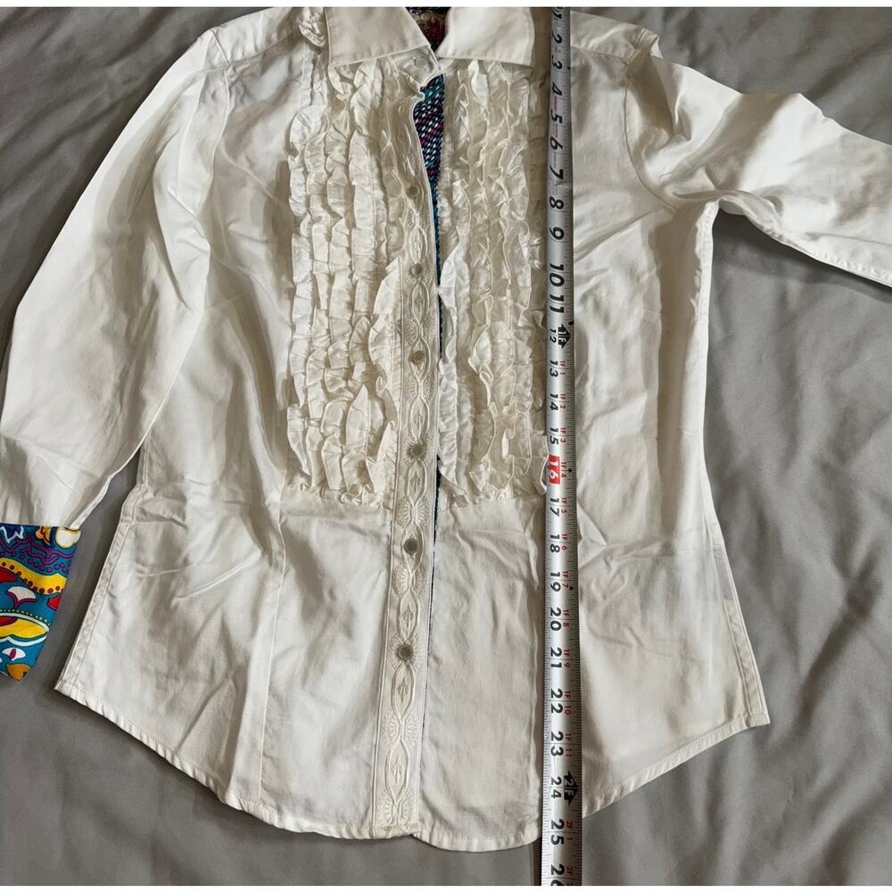 Robert Graham White Ruffle Shirt Women's XS Colorful Cuff Button Down - Picture 12 of 13